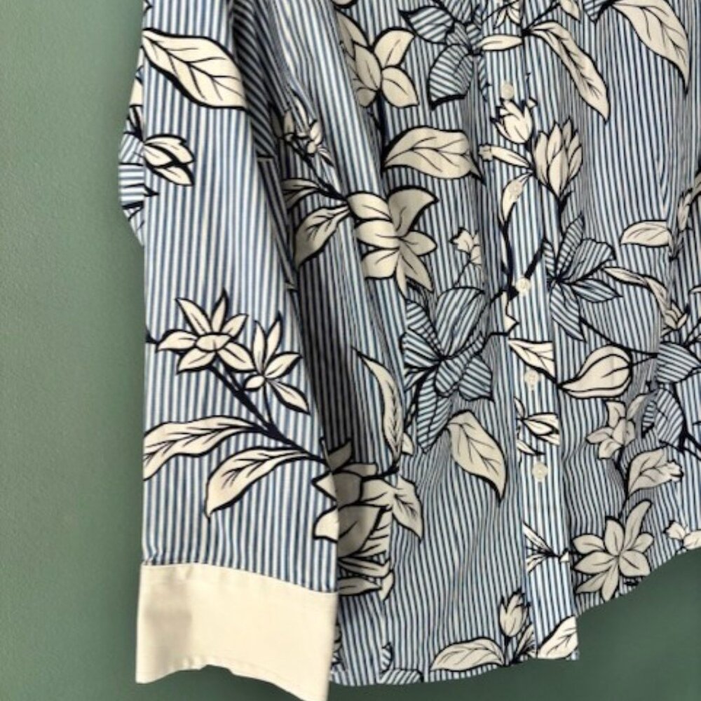 Talbots 18W Blue White Trim Floral Long Sleeve No Iron Preppy Botanical Cottage - Picture 5 of 8